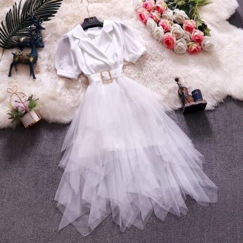 2021 Women Summer new styleDress Vintage Elegant suit collarA-Line Dress Solid Puff Sleeve Lace MeshFrench irregularity Dress