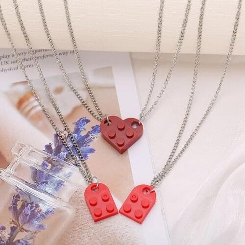 2Pcs Cute Chain Couples Love Heart Brick Pendant Necklace Women Men Lego Elements Friendship Necklaces Valentines Gifts Jewelry