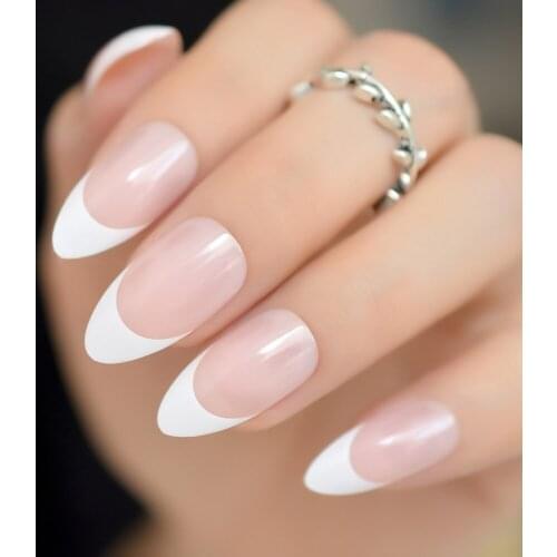 24Pcs Light Pink Sharp Stiletto French Nails Medium White Tips Artificial Fake Nails Full Cover Fashion Manicure Products Z872