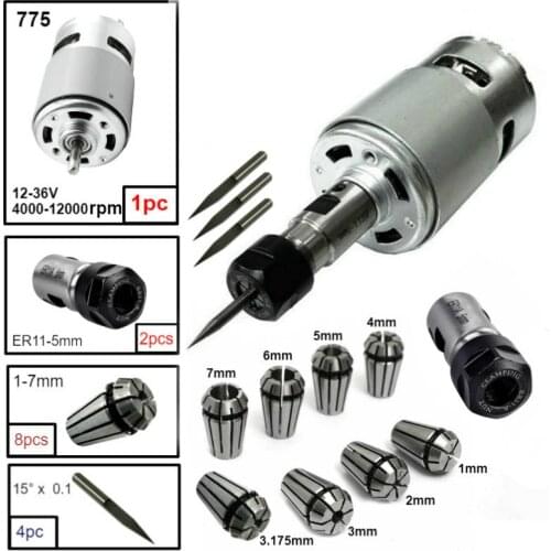 775 DC Motor 12-36V Ball Bearing Spindle Motor with ER11 Extension Rod Carving Knife for CNC Router Machine 1610/ 2417/ 3018