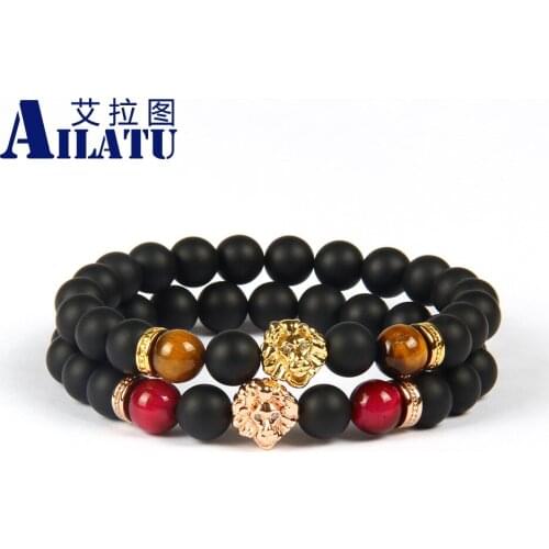 Ailatu Wholesale 10pcs/lot 8mm A Grade Black Matte Onyx Stone with Lion Head Couples Lover Bracelet