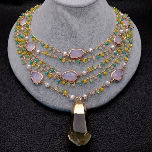 YYGEM 19'' 5 Strands Multi Color Faceted Crystal Chain White Pearl statement Necklace natural Lemon Quartz Pendant