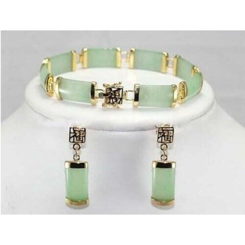Ladies Jewelry Set Green Jade Gmestone 18KGP Link Bracelet Earring Set