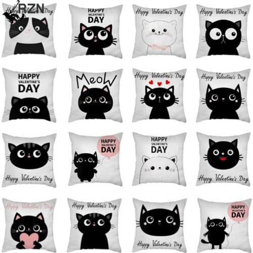 Valentines Day Cartoon Cat Print Cushion Cover Animal Polyester Pillow Case Decorative Pillow Cover for Sofa Car Couch 45X45CM