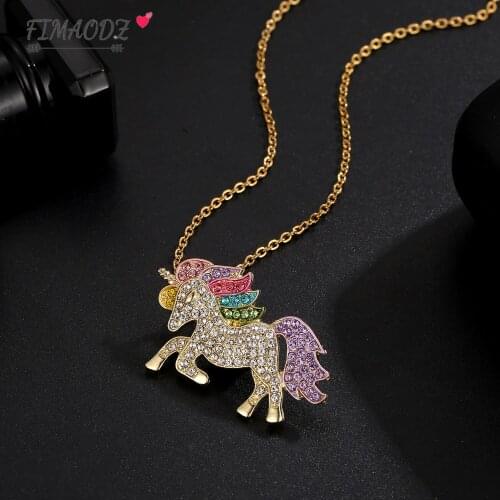 FIMOADZ Crystal Unicorn Necklace Silver Gold Color High Quality Animal Horse Pendant Jewelry for Kids Women Birthday Gift