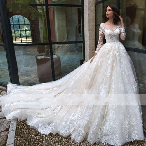 Vestido de Noiva Gorgeous Lace Appliques A-Line Wedding Dress Sexy Scoop Neck Illusion Long Sleeve Vintage Wedding Bride Gown