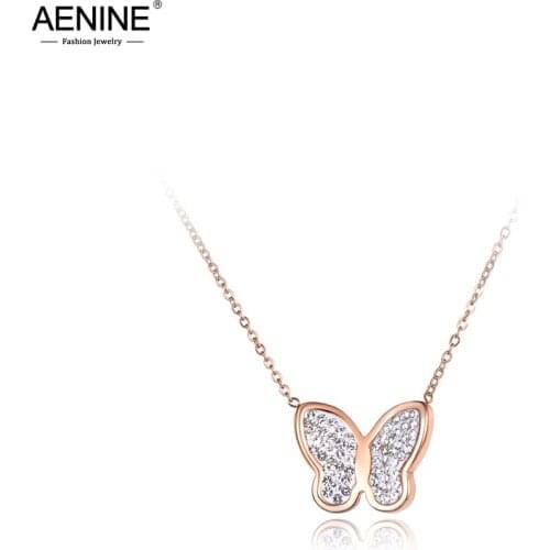 AENINE Trendy White Rhinestone Stainless Steel Chain Pendant Jewelry Rose Gold Butterfly Choker Necklaces For Women Girl AN19047