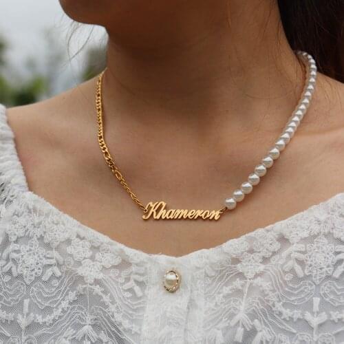 Fashion Imitation Pearl Necklace Punk Jewelry Custom Name Necklaces Gold Figaro Chain Personalized Bijoux Femme Choker