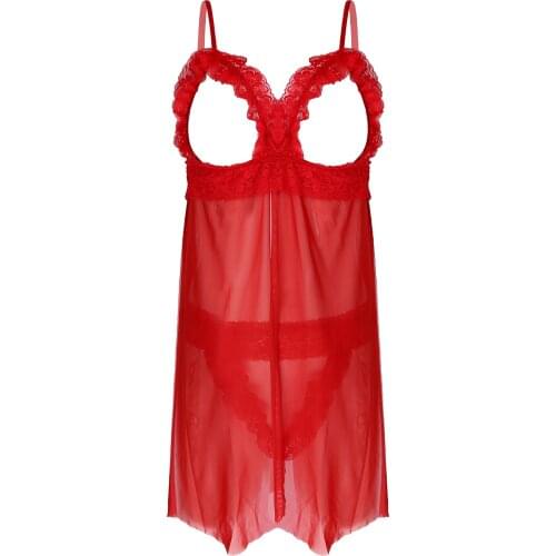 Men Two-Piece Lace Trim Lingerie Set Sissy Gay Nightwear Open Front Split See-Through Mesh Nightdress with T-Back Thongs