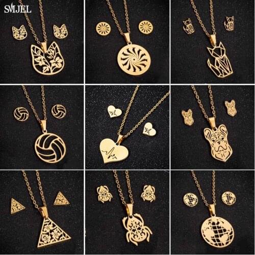 SMJEL bijoux Stainless Steel Jewelry Set Woman Cute Cat Necklace Volleyball Flower Map Earings Children Jewelry for Girls Gift