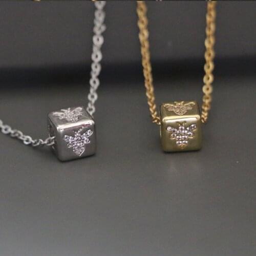 Simple Square Bead Micro Pave CZ Bee Cute Charm Necklace for Women Trendy Gold Color Steel Chain Clavicle Neck Jewelry