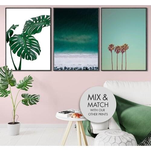 Palm Trees Print Minimalist California Summer Photo Art Poster Ocean Beach & Monstera Painting Photo Green Wall Picture Decor