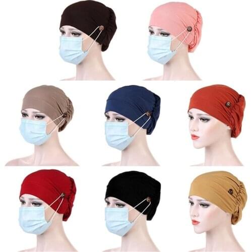 Practical Button Imitation Muslim Hat Headscarf Hat Casual Solid Multicolor Chemotherapy Hat For Female Clothing Accessories