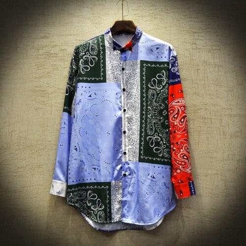 Mens Casual Shirt Camisa Masculina Hip Hop Patchwork Printed Long Sleeve Spring Summer Shirts Men National tide Fashion