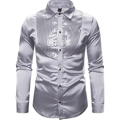 Men Wedding dress Sequin stitching Gold silver Long Sleeve Shirts Fashion Night Club Hip hop stage performances casual Shirt
