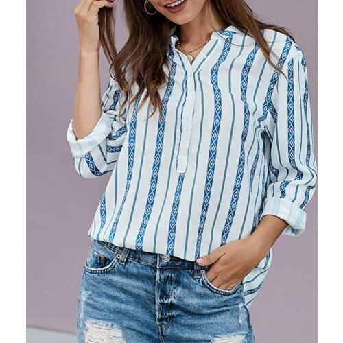 Casual Woman Blue Striped Shirts 2021 Summer Autumn Fashion Ladies Loose Button Shirt Elegant Female V Neck Long Sleeve Blouse