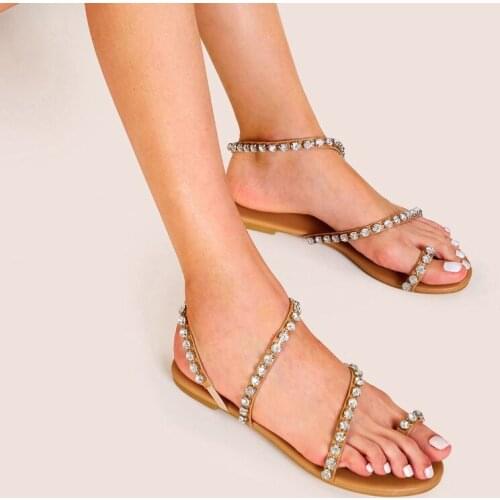 Large size Roman pearl sandals 2021 summer new diamond flat sandals casual beach women sandals