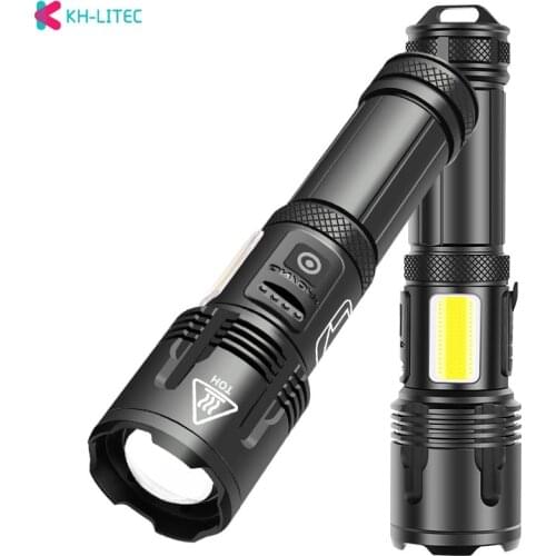 Super Bright XHP99 LED Flashlight Zoomable USB Rechargeable Torch With COB Light Portable Torch Lantern 18650 26650 for Camping