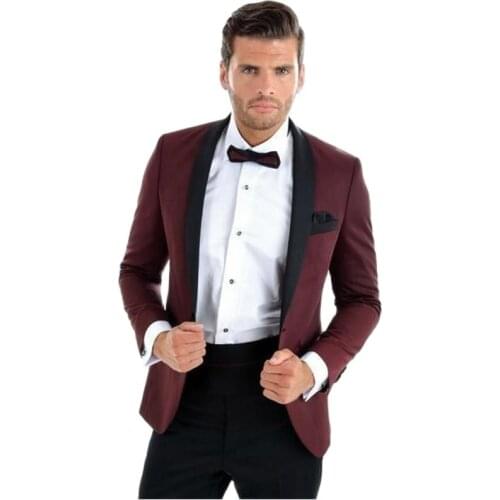 Slim Fits Burgundy Mens Evening Dress Toast Suits Handsome Groom Tuxedos Work Business Clothes (Jacket+Pants+Bow Tie) OK:054