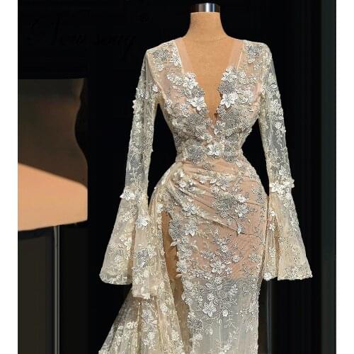 2020 Saudi Arabia Evening Dresses 3D Flower See Through Prom Dresses Kaftans V Dubai Celebrity Party Gowns Vestidos De Fiesta