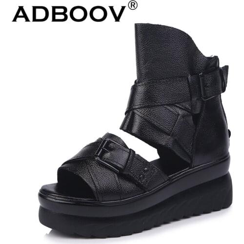 ADBOOV Genuine Leather Platform Sandals Women Summer Wedges Shoes For Women Sandalias De Verano Para Mujer Size 35-43