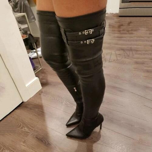 LAIGZEM Women Thigh High Boots Stretchy Buckle Strap Side Zip Stiletto Heels Boots Over Knee Black Shoes Woman Big Size 44 46 47