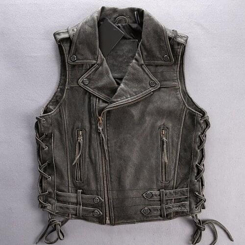 Real Cowhide Biker Waistcoat Lapel Zipper Rope Adjustable Genuine Leather Vest Punk Style Motorcycle Sleeveless Jacket