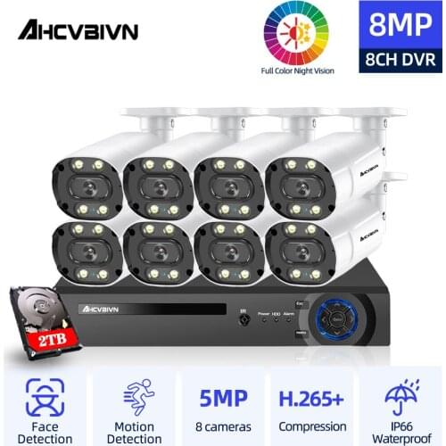 AHCVBIVN 8CH DVR Recorder 4k Kit with 5MP Colorful Night Vision Motion Detection IP66 AHD Camera outdoor surveillance camera Set