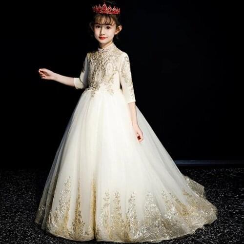 Children Girls Noble Elegant Golden Autumn Spring Birthday Wedding Party Long Tail Dress Kids Model Show Communication Dresses