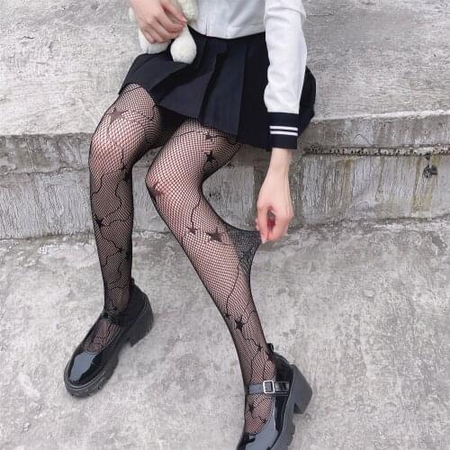 Black Sexy Fishnet Lolita Tights Star Jacquard Seamless Pantyhose Summer Fashion Nylon Plus Size Gothic Body Stockings Popsocket