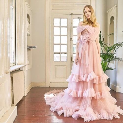 Elegant Exquisite Pink Women Dress Off-the-shoulder Ruffles Floor Length With Train Tulle Layered Evening Dress Plus Size