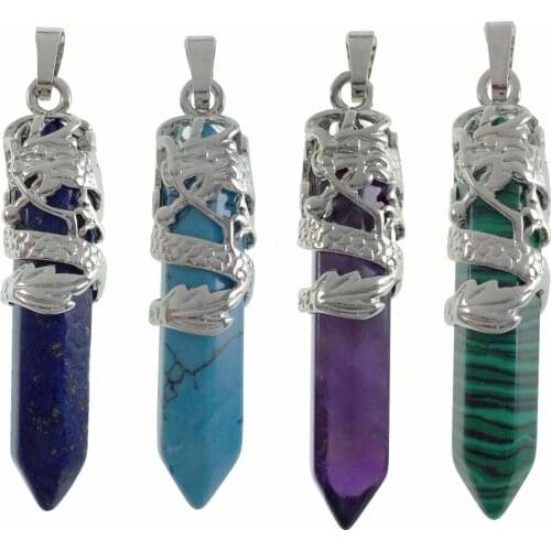 Ethnic Dragon Wrapped Pendants Hexagonal Natural Gem Stone Amethysts Opal Agates Quartz Jewelry Pendants DIY Suspension Amulet