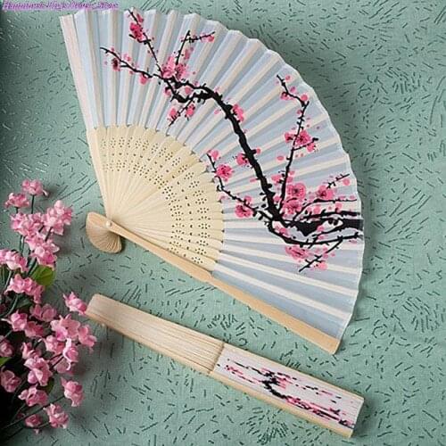 Classical Cherry Blossom Print Folding Hand Fans Flower Print Vintage Fan White Polyester Fans Summer Girls Dancing Fan