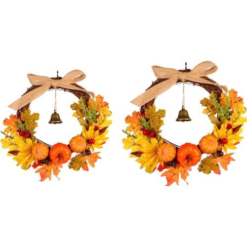 Maple Leaf Pumpkin Wreath with Bell Fall Wreath Artificial Pumpkin Wreath with Berries for Thanksgiving Halloween Wall Decor