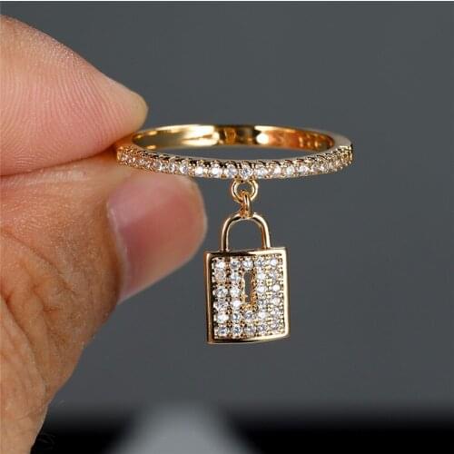 Luxury Female Crystal Lock Pendant Ring Trendy Gold Silver Color Engagement Ring Charm White Zircon Wedding Rings For Women