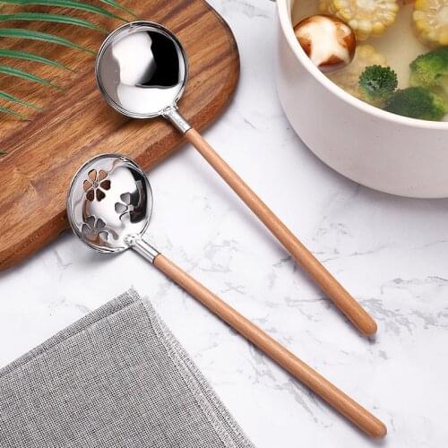 Beech handle 304 stainless steel spoon household hot pot colander spoon high-grade Japanese cuisine spoon ramen small spoon