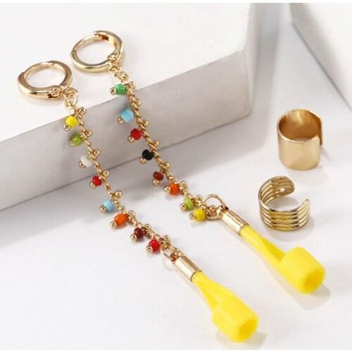 Minar 2 Pairs/Set Bohemia Colorful Beads Tassel Earrings for Women Gold Color Chains Earphone Chunky Clip Earrings Accessories