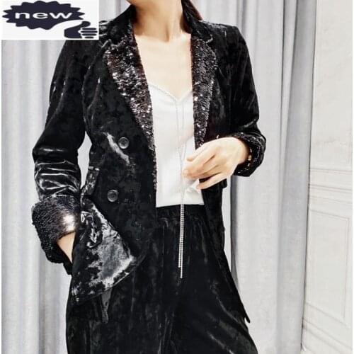 Fashion Sequins Womens Blazer Wide Leg Trousers Two Piece Set Elegant Lapel Double Breasted Office Ladies Formal Suit Jacket