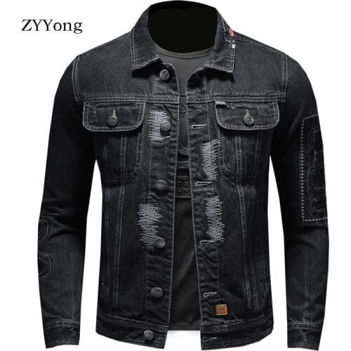 European Style Turndown Collar Bomber Pilot Tattered Patch Ripped Jean Jacket Men Denim Coat Motorcycle Casual Outwear Clothing