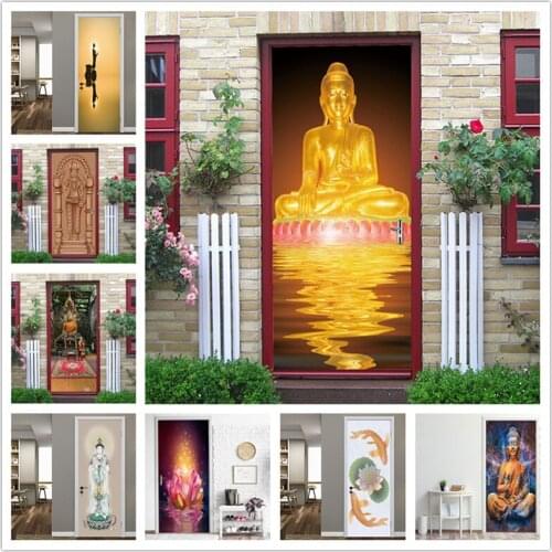 Buddhism 3D Door Stickers Wallpaper for Doors DIY Self-adhesive Waterproof Poster Decor Street Living Room Bedroom Mural Decals