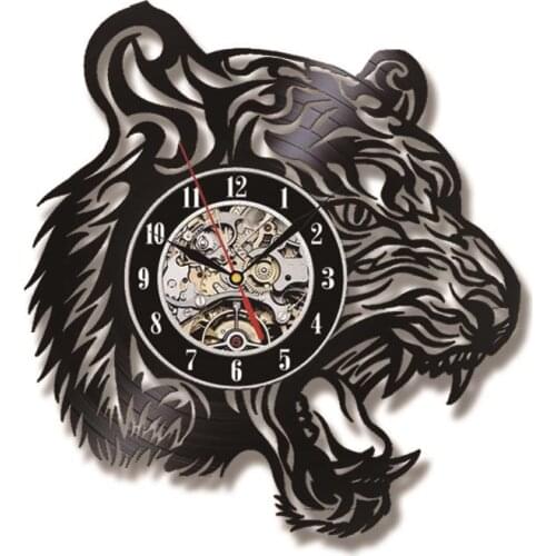 Tiger Head Vinyl Record Wall Clock Modern Design Safari Animal Laser Cut Handicraft Art Crafts Silent Wall Clock Hanging Watch