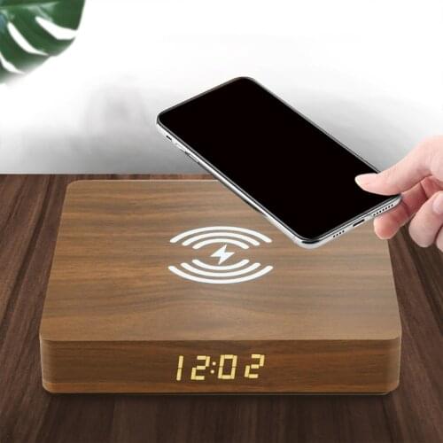 Natural Wood Wireless Charging Desktop Alarm Clock USB Creative Simple Design Wooden Table Timing Equipment Digital Room