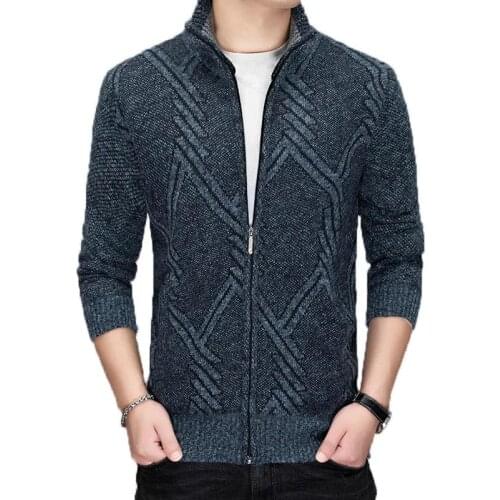 Fall and winter leisure warm coat men fashion striped jacket knit zipper cardigan fleece thick sweater coat brand mens wear
