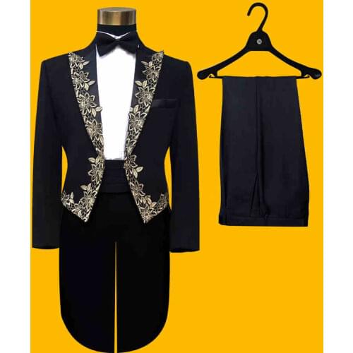 Jacket+Pants+Bowtie) Fashion Brand Mens suits Tuxedos Tailcoat Male Wedding Slim Blazers Prom Groom Black Embroidered Suit