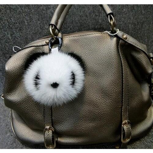 Cute pompom mink fur doll animal panda keychain for backpack car auto keyring key chains usa russia women bag accessories gift