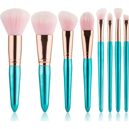 Professional special blue plastic handle 8pcs Makeup Brushes Set pink synthetic hair Cosmetic Make Up Brush Kit in PU bag