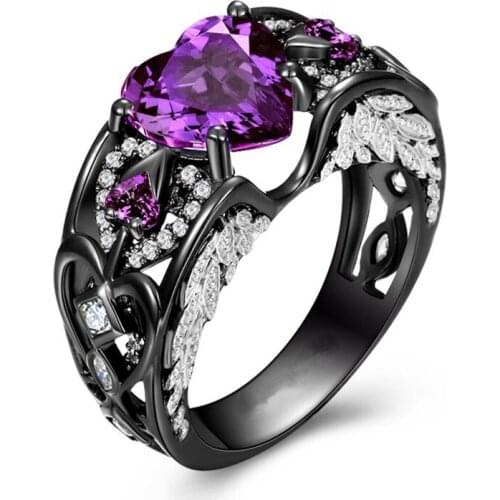 Luxury Angel Wings Purple Heart Ring Fashion Black Gold Color Filled AAA Zircon Ring Female Finger Jewelry Cocktail Ring