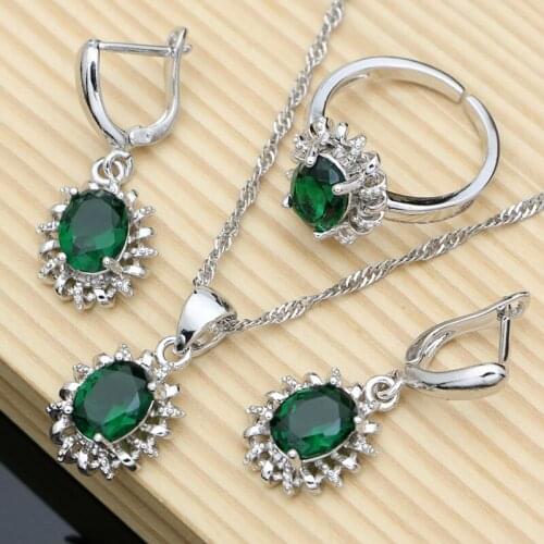 Silver 925 Bride Earrings Jewelry Sets for Women 7 Color Zircon Sapphire Emerald Necklace Open Ring Trendy Party Dropshipping