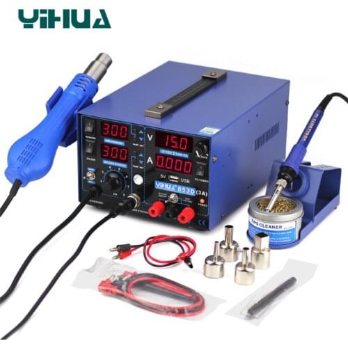 YIHUA 853D 3A USB Soldering Station Hot Air Gun 3 In 1 SMD DC Power Supply Rework Stations 110V 220V EU US PLUG Solder Station