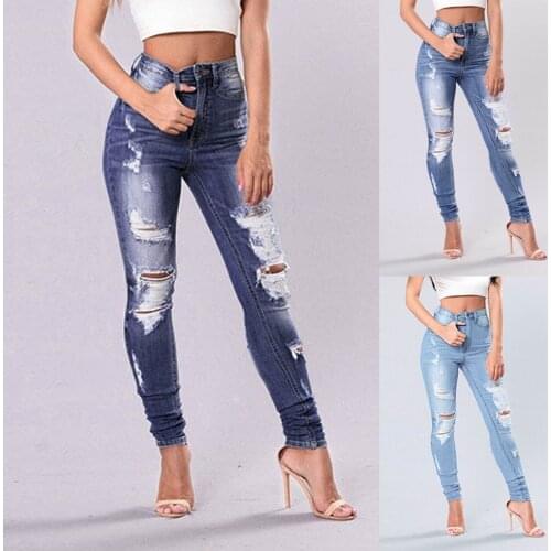 Women Skinny Denim Jeans Washed Ripped Jeans Plus Size Korean High Waist Trousers Hollow Bleached Pencil Pants Calças Jeans #T2Q
